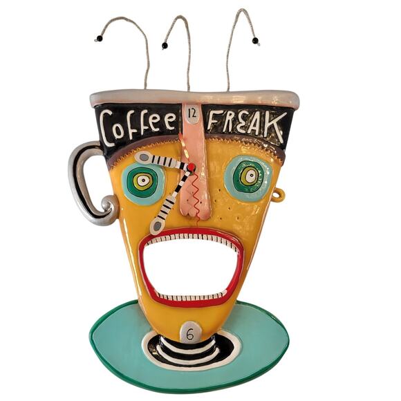 Rare Allen Designs Coffee Freak Wall Clock Studio Art Funky Mug Face 13x9" Works - Picture 1 of 16